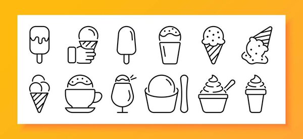 Ice cream icon set. Flavors and types of ice cream, such as scoops of vanilla, chocolate, strawberry, and mint. Sweet treat concept. Vector line icon for Business and Advertising