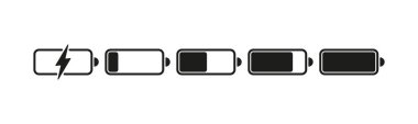 Telefon bataryaları ikonları şarj ediyor. Cep telefonları için farklı pil şarj seviyelerini temsil eden kapsamlı bir simge koleksiyonu.