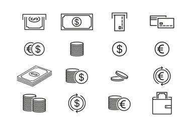 Para ikonları. Para sembolleri, bozuk paralar, banknotlar, domuz kumbarası, cüzdan, bütçe gibi paranın farklı yönlerini temsil eden simgelerden oluşan bir koleksiyon.