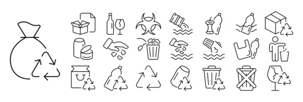 Conjunto Ícones Reciclagem Ilustrações Que Representam Diferentes Tipos Materiais Recicláveis — Vetor de Stock