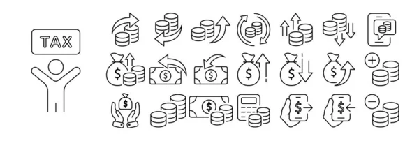 Para ve finans ikonları. Para birimi sembolleri, sikkeler, banknotlar, cüzdanlar, grafikler, domuz kumbaraları ve finansal araçlar da dahil olmak üzere çeşitli finansal kavramları ve sembolleri temsil eden çizimler.