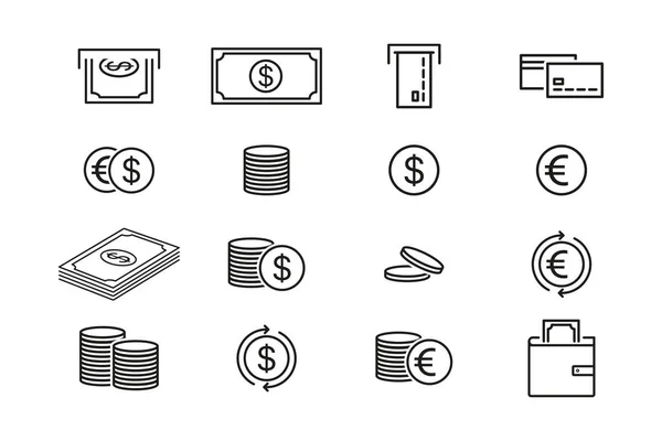 Para Ikonları Para Sembolleri Bozuk Paralar Banknotlar Domuz Kumbarası Cüzdan — Stok Vektör