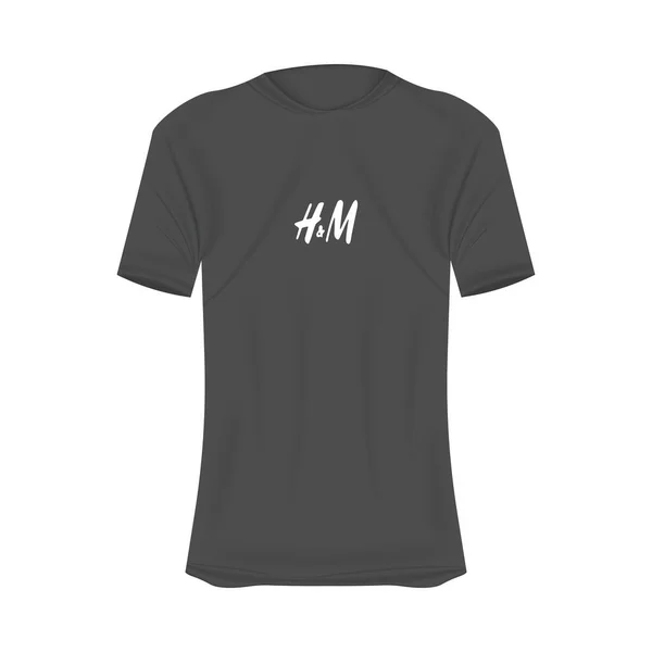 H和M标志T恤的灰色模型 改头换面的短袖衬衫 空白T恤衫模板 空白设计空间 Handm品牌 — 图库矢量图片