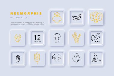 Sebze çizgisi simgesi. Yeşiller, yiyecekler, sağlıklı yiyecekler, bezelyeler, mantarlar Neomorfizm steyle vektör çizgisi simgesi