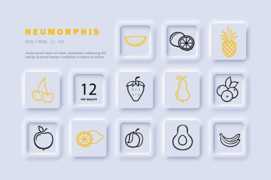 Meyve çizgisi simgesi. Ananas, tatlılık, çilek, kiraz, karpuz, limon elması neomorfizm steyle vektör çizgisi simgesi
