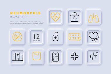 Tedavi çizgisi simgesi. Kalp, antiseptik, pullar, hastane, haplar, sigara içilmeyen neomorfizm steyle vektör çizgisi simgesi