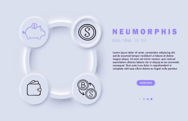 Finans çizgisi simgesi. Domuz kumbarası, dolar, döviz kurları, bitcoin, cüzdan. Neomorfizm steyle Vektör çizgi simgesi