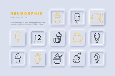Dondurma çizgisi ikonu. Donmuş meyve suyu, çubuk, waffle konisi, tatlılık, şeker, soğutma, ısı Neomorfizm steyle vektör çizgisi simgesi