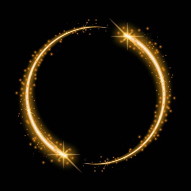 Siyah şeffaf arka planda parıldayan gerçekçi altın ışık çemberleri. Sihirli güç efektinin vektör çizimi, peri izi, parıltılı toz girdabı, parlak avatar yapısı. Şenlikli tasarım