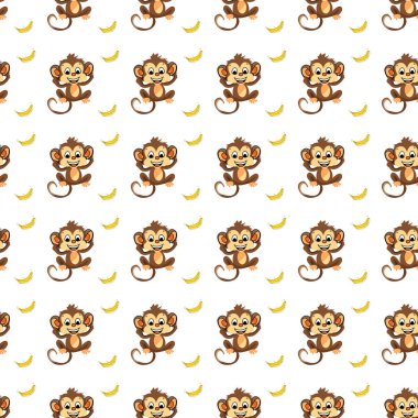 Orman maymunu ve muzla kusursuz desen. Beyaz arka planda şirin küçük maymun karikatürü, orman hayvanı suluboya çizimi