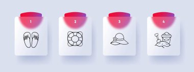 Tatil çizgisi simgesi. Terlikler, can simidi, kum, şapka, yaz, kum kalesi cam morfizm stili vektör çizgisi simgesi