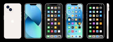 Yeni altın rengi Iphone 14. Elma inc. ios 14 ile akıllı telefon. Kilitli ekran, telefon navigasyon sayfası, 47 popüler uygulamalı ana sayfa. Vektör illüstrasyonu EPS10. Yazı