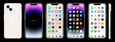 Yeni beyaz Iphone 14. Elma inc. ios 14 ile akıllı telefon. Kilitli ekran, telefon navigasyon sayfası, 47 popüler uygulamalı ana sayfa. Siyah arka plan. Yazı