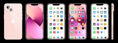Yeni pembe Iphone 14. Elma inc. ios 14 ile akıllı telefon. Kilitli ekran, telefon navigasyon sayfası, 47 popüler uygulamalı ana sayfa. Siyah arka plan. Yazı