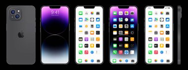 Yeni siyah, gri Iphone 14. Elma inc. ios 14 ile akıllı telefon. Kilitli ekran, telefon navigasyon sayfası, 47 popüler uygulamalı ana sayfa. Siyah arka plan. Yazı