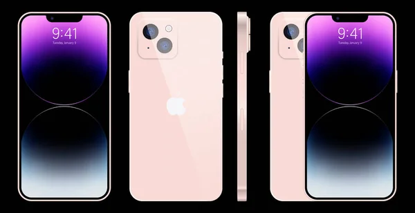 新Iphone 14亲 亲最大深粉色的颜色由苹果公司 模拟屏幕Iphone和背侧Iphone 高质量的 — 图库矢量图片