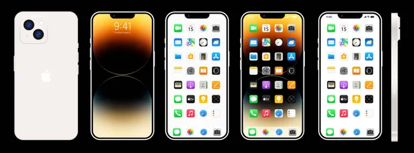 新的白色Iphone 含14的智能手机 锁定屏幕 电话导航页 主页与47个流行应用程序 黑色背景 — 图库矢量图片