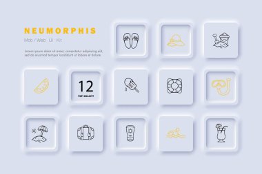 Yaz tatili ikonu. Güneş, şort, iskemle, şemsiye, bronzlaşma, haftasonu, turizm. Neomorfizm tarzı. Vektör satırı simgesi