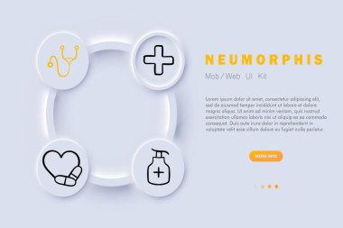 İlaç çizgisi simgesi. Stetoskop, çapraz, artı, antiseptik, kalp, antiseptik, farmakoloji. Neomorfizm tarzı. İş için vektör satırı simgesi