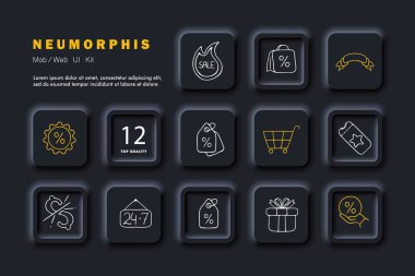 İndirim satırı simgesi. Satış, dükkan, fiyatlar, kıyafetler, alışveriş, deniz ürünleri, ürünler, ezme, pazar, satış. Neomorfizm tarzı. İş için vektör satırı simgesi