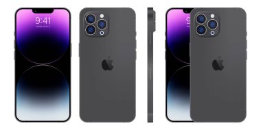 Apple Inc. 'den yeni iPhone 15 profosyonel, maksimum maksimum gri renk. Model ekran iPhone ve arka taraf iPhone. Yüksek kalite. Resmi sunum. Yazı.