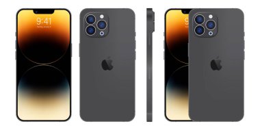 Apple Inc. 'den yeni iPhone 15 profosyonel, maksimum maksimum gri renk. Model ekran iPhone ve arka taraf iPhone. Yüksek kalite. Resmi sunum. Yazı.