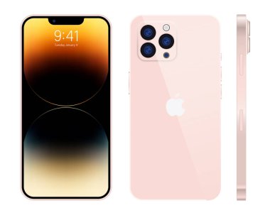 Apple Inc. 'den yeni iPhone 15 profosyonel, maksimum maksimum pembe renk. Model ekran iPhone ve arka taraf iPhone. Yüksek kalite. Yazı.