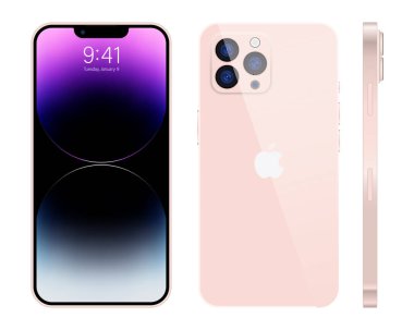 Apple Inc. 'den yeni iPhone 15 profosyonel, maksimum maksimum pembe renk. Model ekran iPhone ve arka taraf iPhone. Yüksek kalite. Yazı.