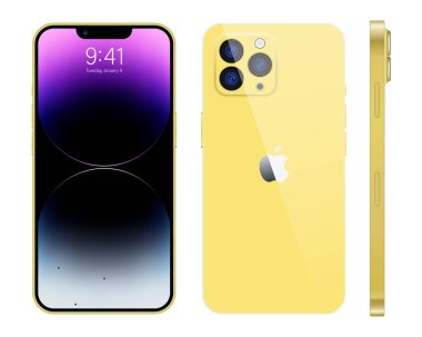 Apple Inc. 'den yeni iPhone 15 profosyonel, maksimum güvenlikli koyu sarı renk. Model ekran iPhone ve arka taraf iPhone. Yüksek kalite. Resmi sunum. Yazı.