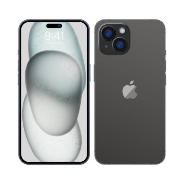 Apple Inc. 'den yeni iPhone 15 Deep black color. Mock-up ekran iPhone ve arka taraf iphone. Yüksek kalite. Resmi sunum. Yazı