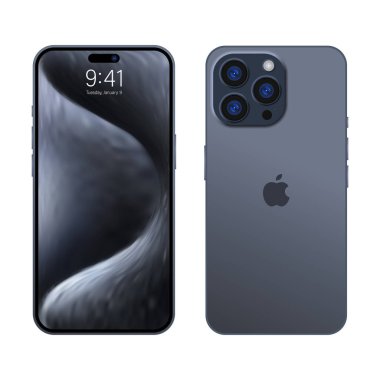 Yeni iPhone 15 profosyonel, maksimum maksimum koyu gri mavi ya da Apple Inc. Model ekran iPhone ve arka taraf iPhone. Yüksek kalite. Resmi sunum. Yazı