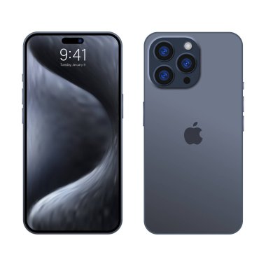 New iPhone 15 pro, pro max Deep gray blue or by Apple Inc. Mock-up screen iphone and back side iphone. High Quality. Official presentation. Editorial clipart