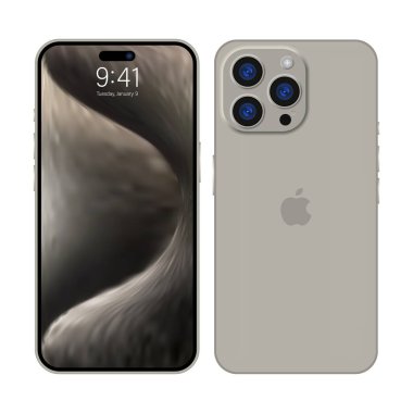 Apple Inc. 'den yeni iPhone 15 profosyonel, maksimum maksimum gri renk. Model ekran iPhone ve arka taraf iPhone. Yüksek kalite. Resmi sunum. Yazı