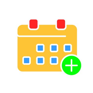 Artı satır simgesiyle takvim. Günlük, organizatör, önemli tarih, ay, tatil, yeni yıl, hafta, hafta sonu. İş ve reklam için beyaz arkaplanda vektör renk simgesi