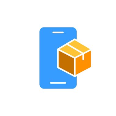 Kutu satırı simgesi olan akıllı telefon. Teslimat, posta, minibüs, yeni bir eve taşınma, kurye, uluslararası ulaşım. İş ve reklam için beyaz arkaplanda vektör renk simgesi.