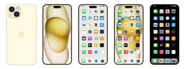 Yeni altın rengi Iphone 15. Elma inc. ios 15 ile akıllı telefon. Kilitli ekran, telefon navigasyon sayfası, 47 popüler uygulamalı ana sayfa. Siyah arka plan. Yazı
