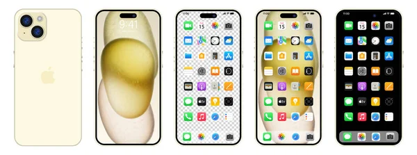 Yeni altın rengi Iphone 15. Elma inc. ios 15 ile akıllı telefon. Kilitli ekran, telefon navigasyon sayfası, 47 popüler uygulamalı ana sayfa. Siyah arka plan. Yazı
