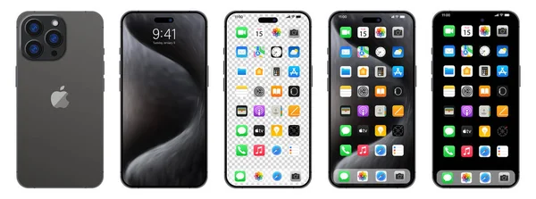Yeni siyah, gri İphone 15 profesyonel. Elma inc. ios 15 ile akıllı telefon. Kilitli ekran, telefon navigasyon sayfası, 47 popüler uygulamalı ana sayfa. Siyah arka plan. Yazı
