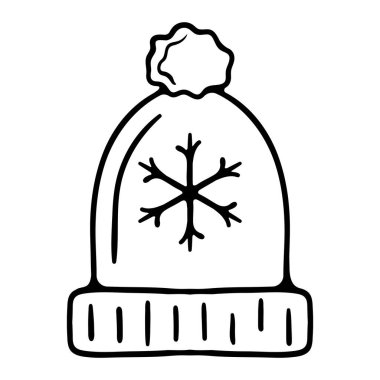 Sıcak kış şapkası ikonu. Yalıtım, giysi, kar, soğuk. Yeni yıl, Noel, tatil, hediye, Noel Baba, kutlama, 1 Ocak, kış.