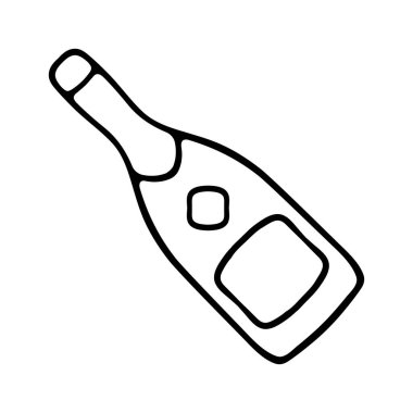 Alkol seti simgesi. Şişe, şarap kadehi, cam, yaprak, şarap, üzüm, saat, zaman, yaşlanma, restoran. İçki konsepti. Yeni yıl, Noel, tatil, hediye, Noel Baba, kutlama, 1 Ocak, kış.