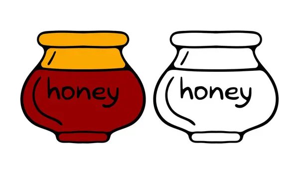 Cartoon Honey Pots Glass Pots Wooden Spoon Dripping Liquid Honey — Stock Vector