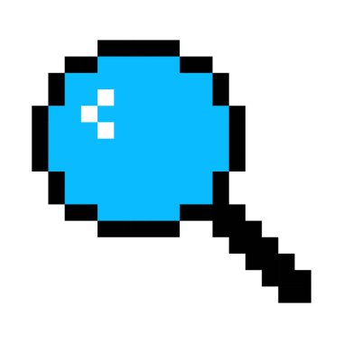 Mavi cam çizgi ikonlu büyüteç. Arama çubuğu, cam, büyütme, optik görüş, piksel tarzı. Beyaz arkaplanda çok renkli simge