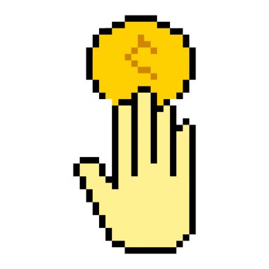 El ele tutuşan bozuk para hattı ikonu. Para, finans, zenginlik, dolar, cüzdan, kar, banka pikseli tarzı. Beyaz arkaplanda çok renkli simge