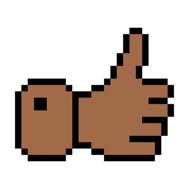 Kahverengi çizgi simgesini işaret ediyor. Jest, onay, emoji, sohbet, iletişim, duygular, piksel tarzı Beyaz arkaplanda çok renkli simge