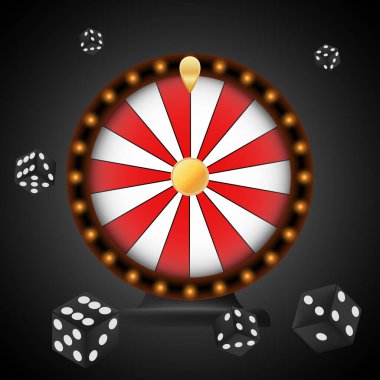 Zar illüstrasyonlu rulet. Kumarhane, heyecan, oyun, poker, fiş, bahis, şans, para, kazanmak, kaybetmek risk siyah krupiye piyango kırmızı davul servet simgeleri 