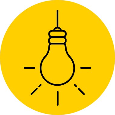 Sarı daire illüstrasyonunda ampul. Işık, fikir, elektrik, cam, fener, eureka, içgörü yaratıcılığı baş beyin vektör simgeleri  