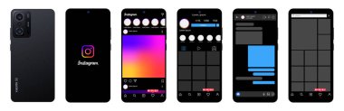 Xiaomi Redmi11T 'de Instagram tasarımı. Ekran sosyal medya ve ağ arayüz şablonunu ayarla. Fotoğraf çerçevesi. Hikayeler, beğen, yayınla, geri bildirim, kişisel profil, sohbet, makara, beslenme, trend. Yazı