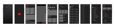 Samsung Galaksisi s23 ultra 'da YouTube mobil arayüzü. Tüp ekran sosyal medya, video sunucu arayüz şablonu. Anasayfa, logo, tavsiyeler, abonelik, profil. Karanlık tema. Yazı.
