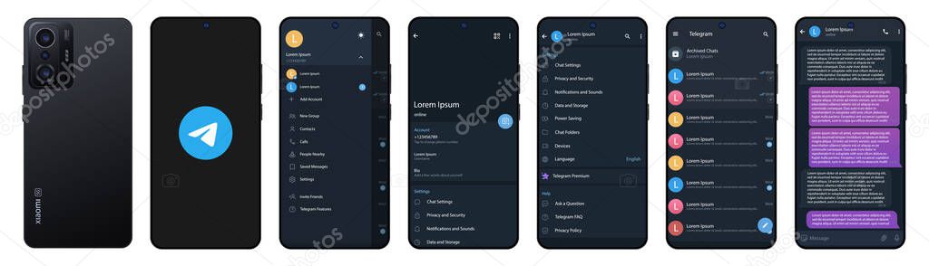 Telegram mockup in Xiaomi Redmi11T. Telegram logo. Set telegram screen social media and social network interface template. Dark theme. Telegram button. Vector illustration. Editorial..