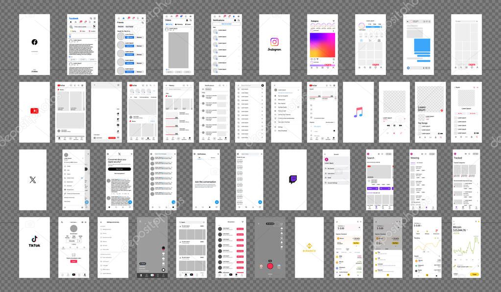 Tik Tok, Youtube, instagram and facebook, twiiter, x.com, x, Twitch, Binance, apple music mockup. Big Set screen social media network interface template. Homepage Stories, liked stream Editorial